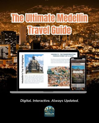 Medellin Travel Guide mockup on laptop and phone with night skyline