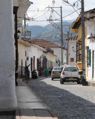 Colonial streets of Santa Fe de Antioquia with white facades and cobblestones