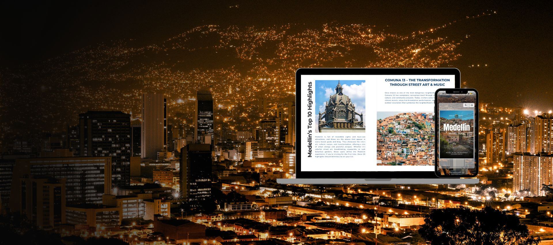 Medellin Travel Guide – Digital Guidebook on Laptop and Phone with Medellín Skyline at Night