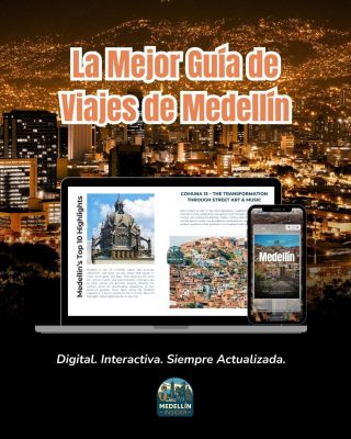 Guía de Viajes de Medellín – edición digital interactiva, portada con laptop y celular.