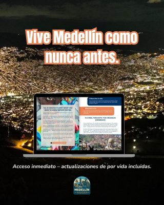 Vista nocturna de Medellín con mockup de la guía digital y mensaje “Vive Medellín como nunca antes”.