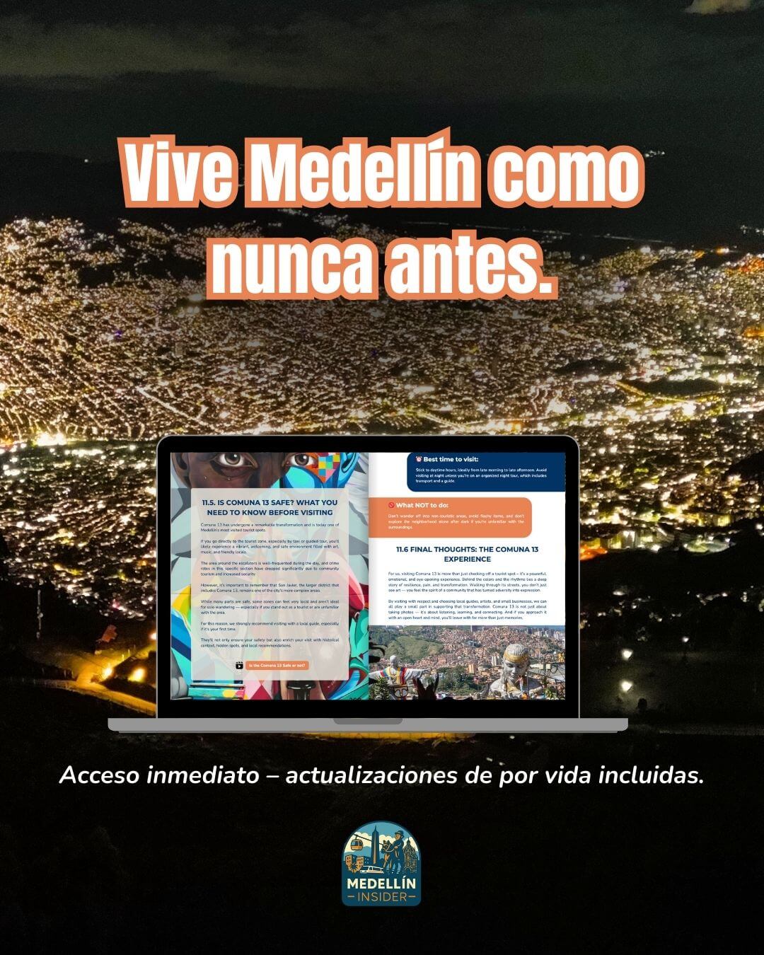 Vista nocturna de Medellín con mockup de la guía digital y mensaje “Vive Medellín como nunca antes”.
